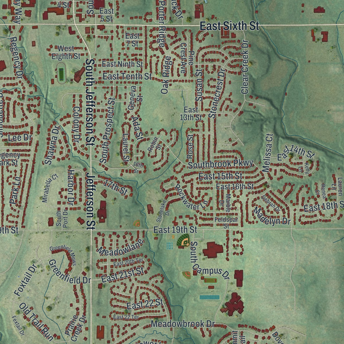 Close-up of the map of Kearney, Missouri print showing street and building detail