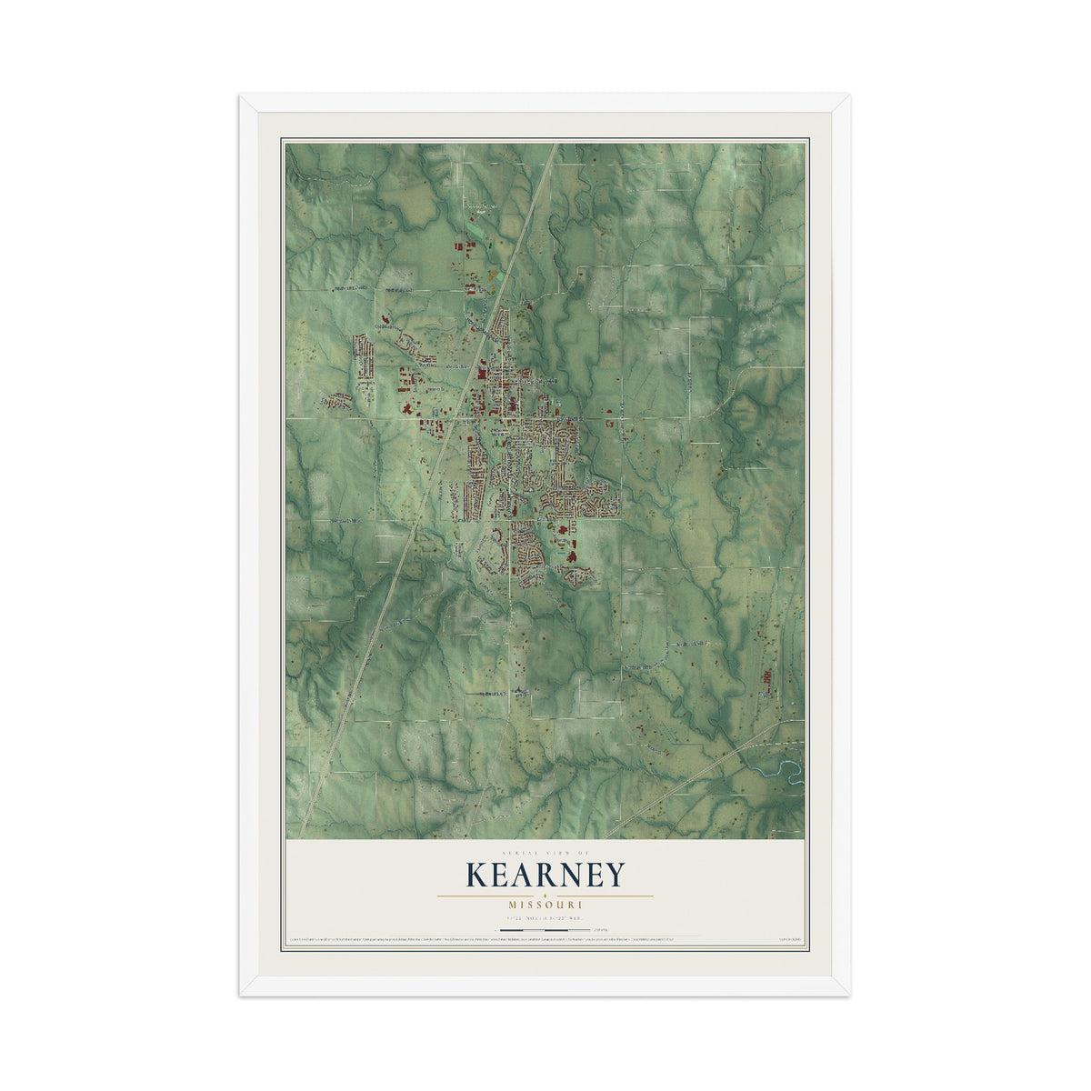 Map of Kearney, Missouri, 12 x 18 inch print in a white wood frame