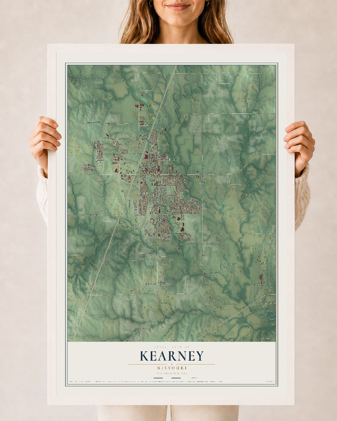 Map of Kearney, Missouri, 24 x 36 inch print in a white wood frame