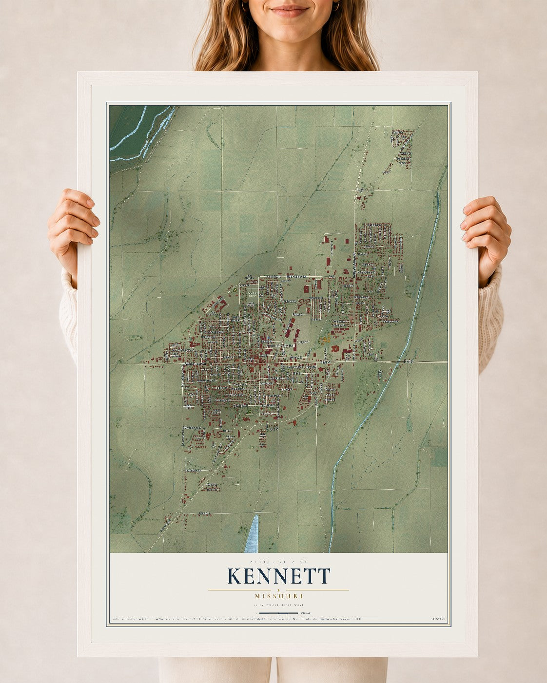 Map of Kennett, Missouri, 24 x 36 inch print in a white wood frame
