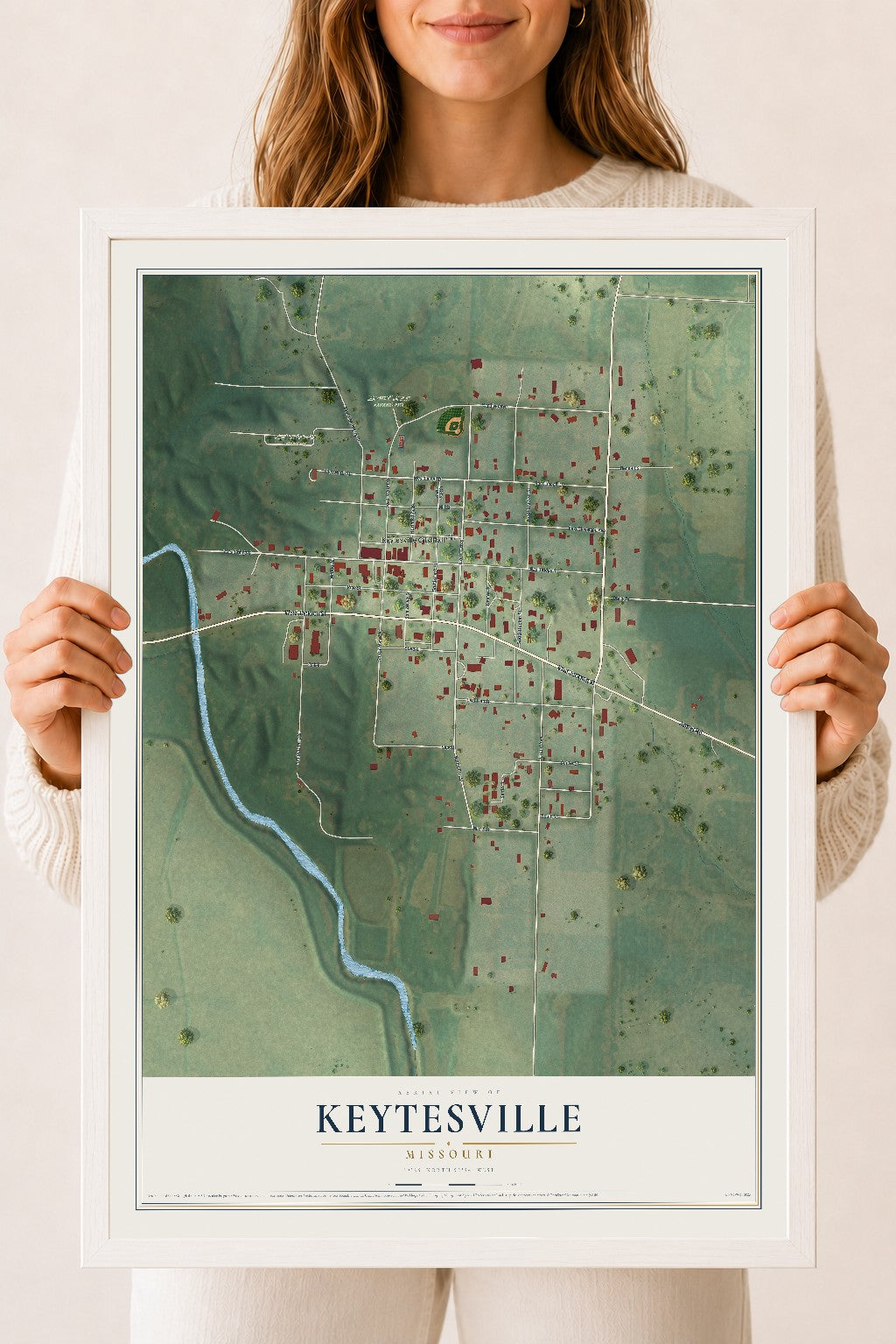 Map of Keytesville, Missouri, 18 x 24 inch print in a white wood frame