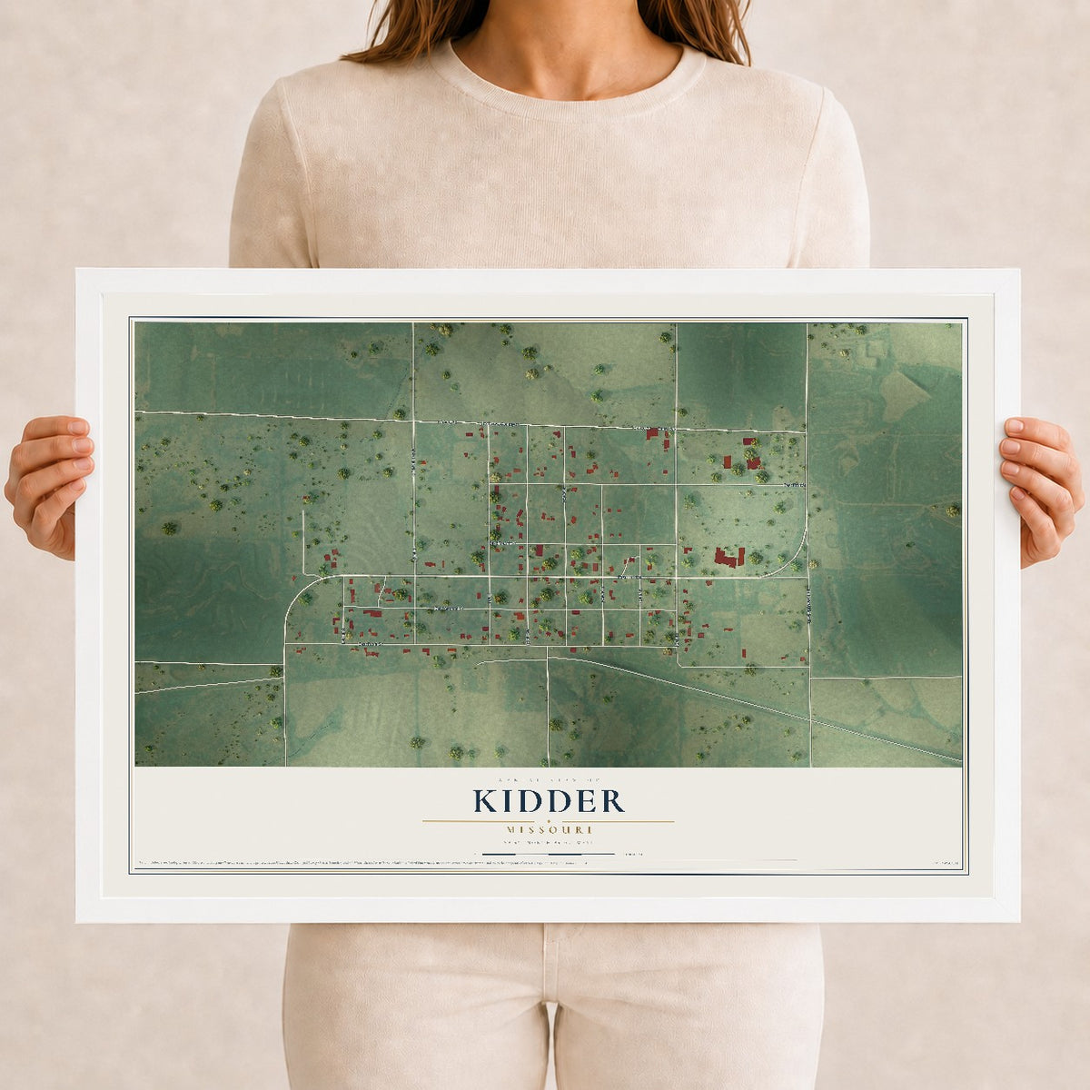 Map of Kidder, Missouri, 12 x 18 inch print in a white wood frame