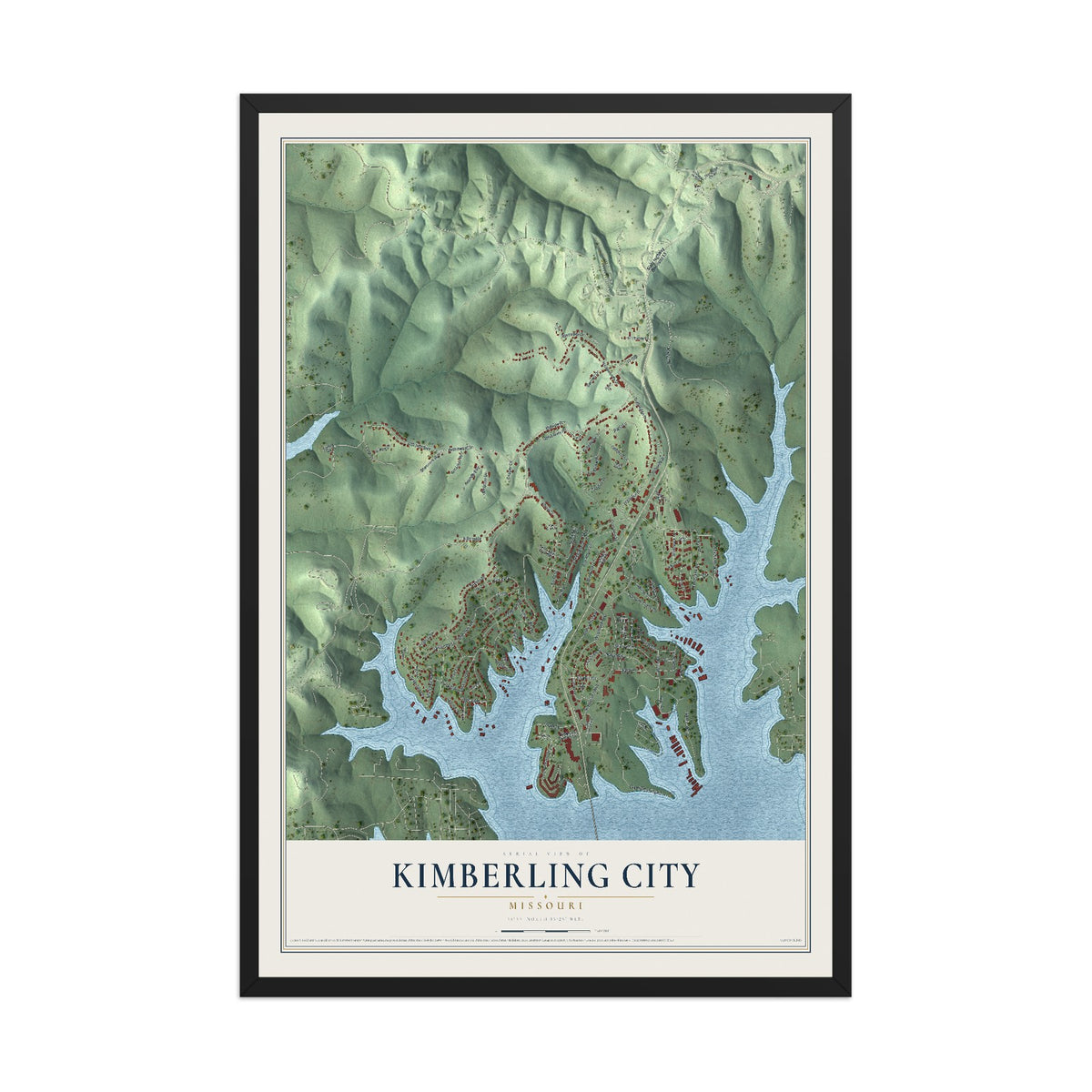 Map of Kimberling City, Missouri, 12 x 18 inch print in a black wood frame