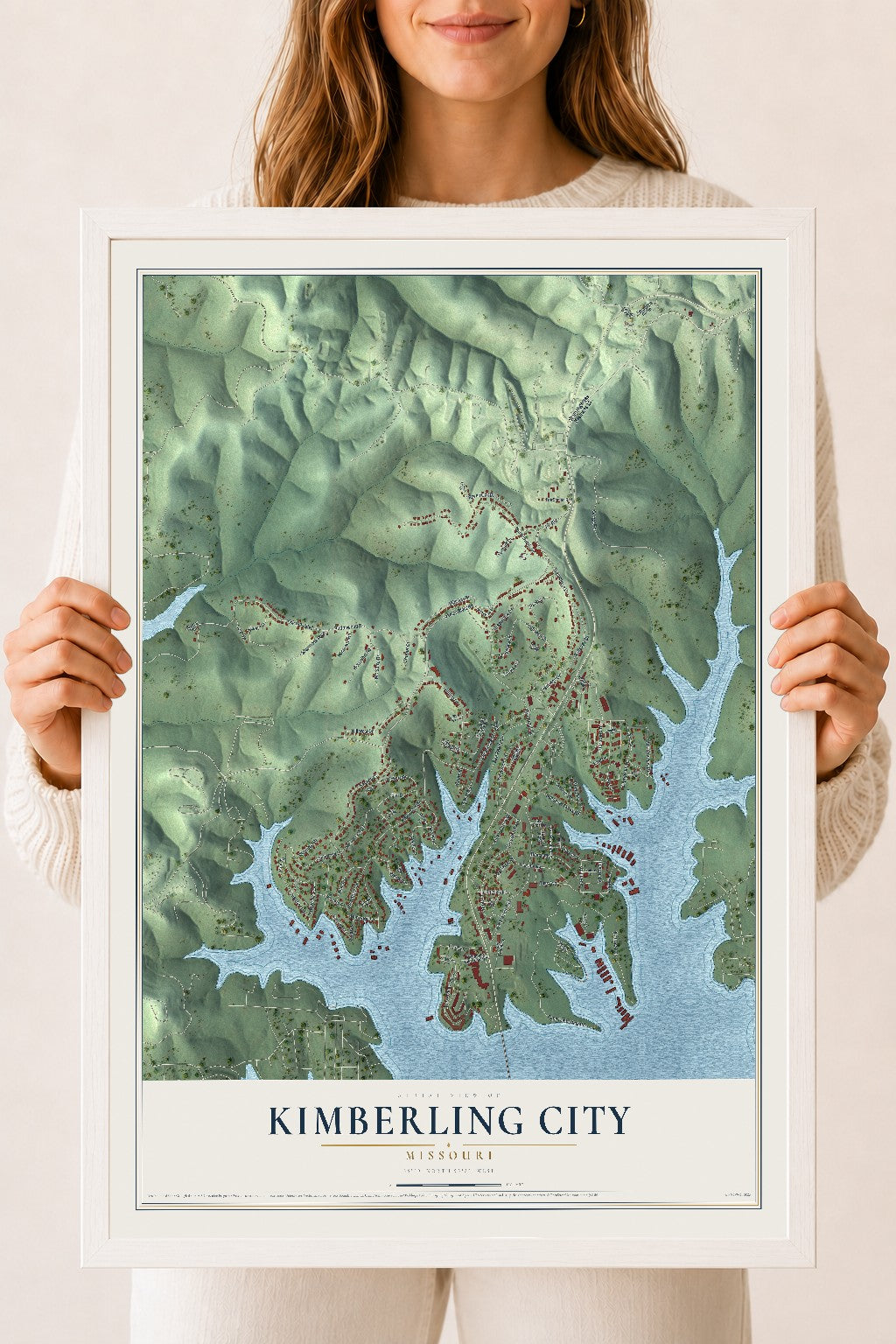 Map of Kimberling City, Missouri, 18 x 24 inch print in a white wood frame