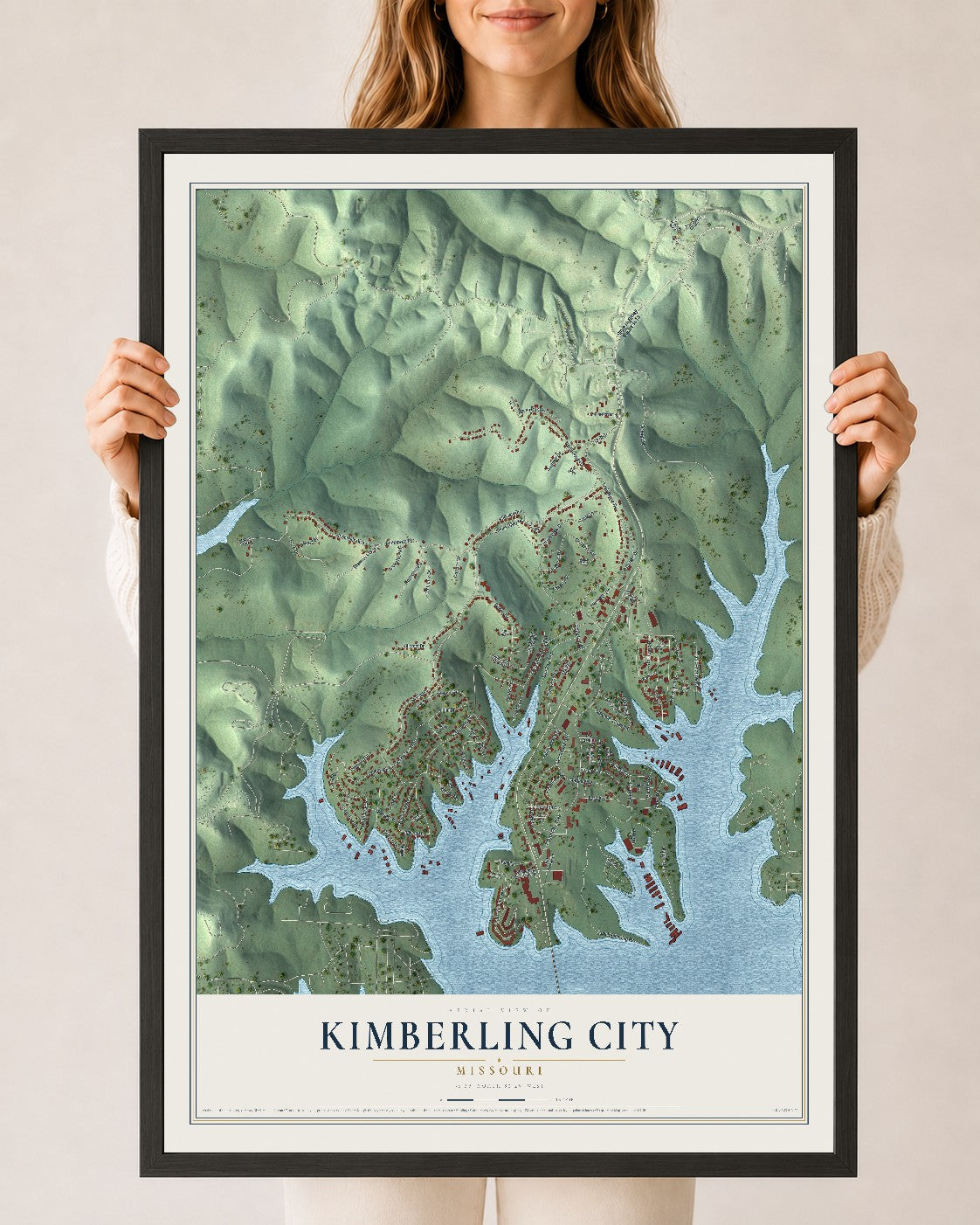 Map of Kimberling City, Missouri, 24 x 36 inch print in a black wood frame
