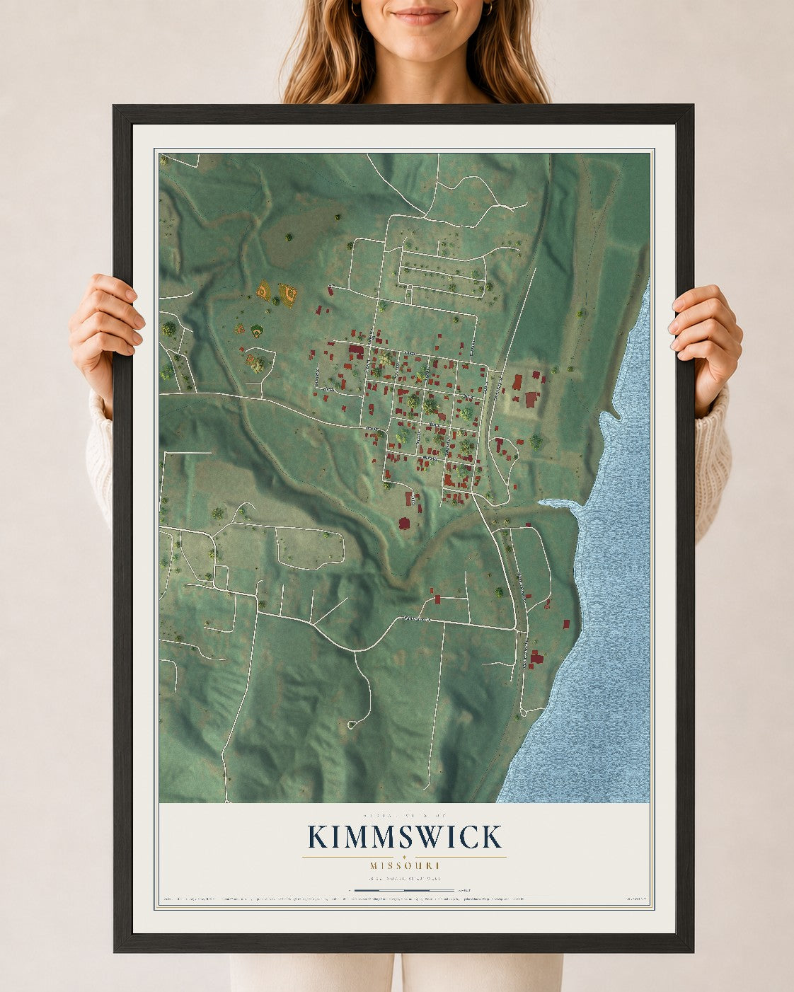Map of Kimmswick, Missouri, 24 x 36 inch print in a black wood frame