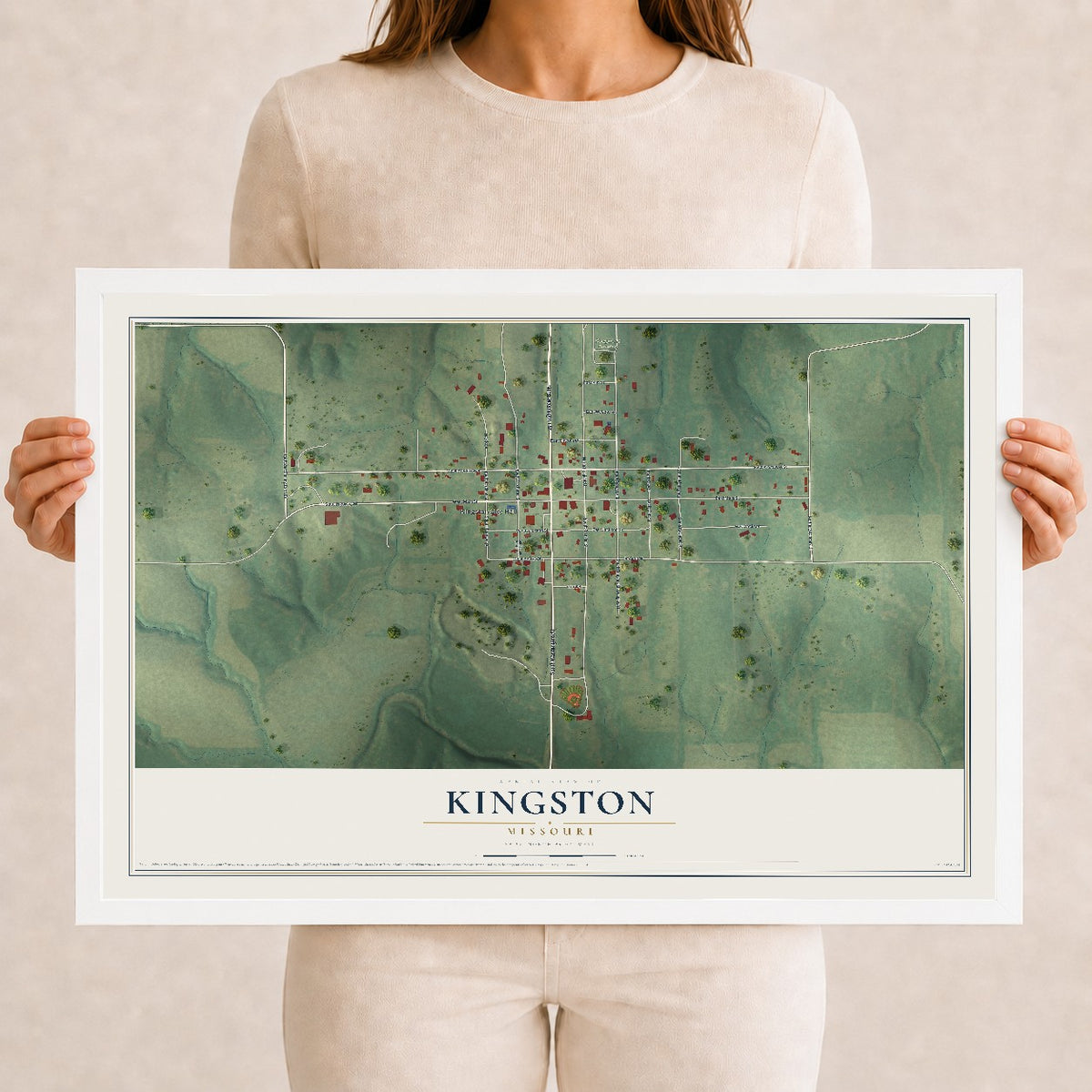 Map of Kingston, Missouri, 12 x 18 inch print in a white wood frame