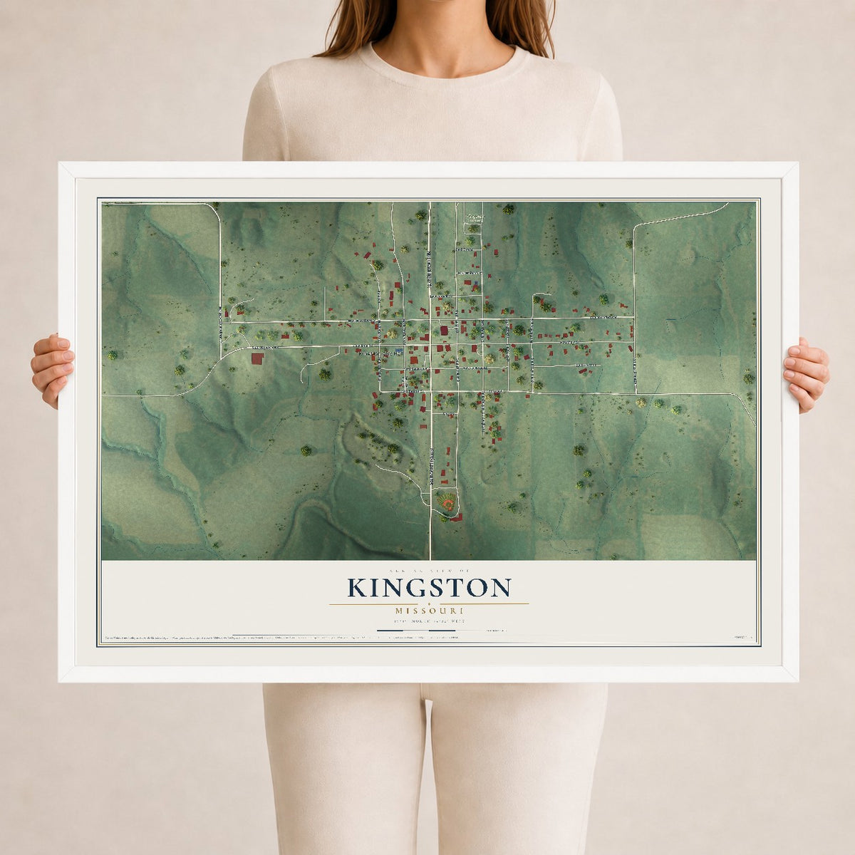 Map of Kingston, Missouri, 24 x 36 inch print in a white wood frame