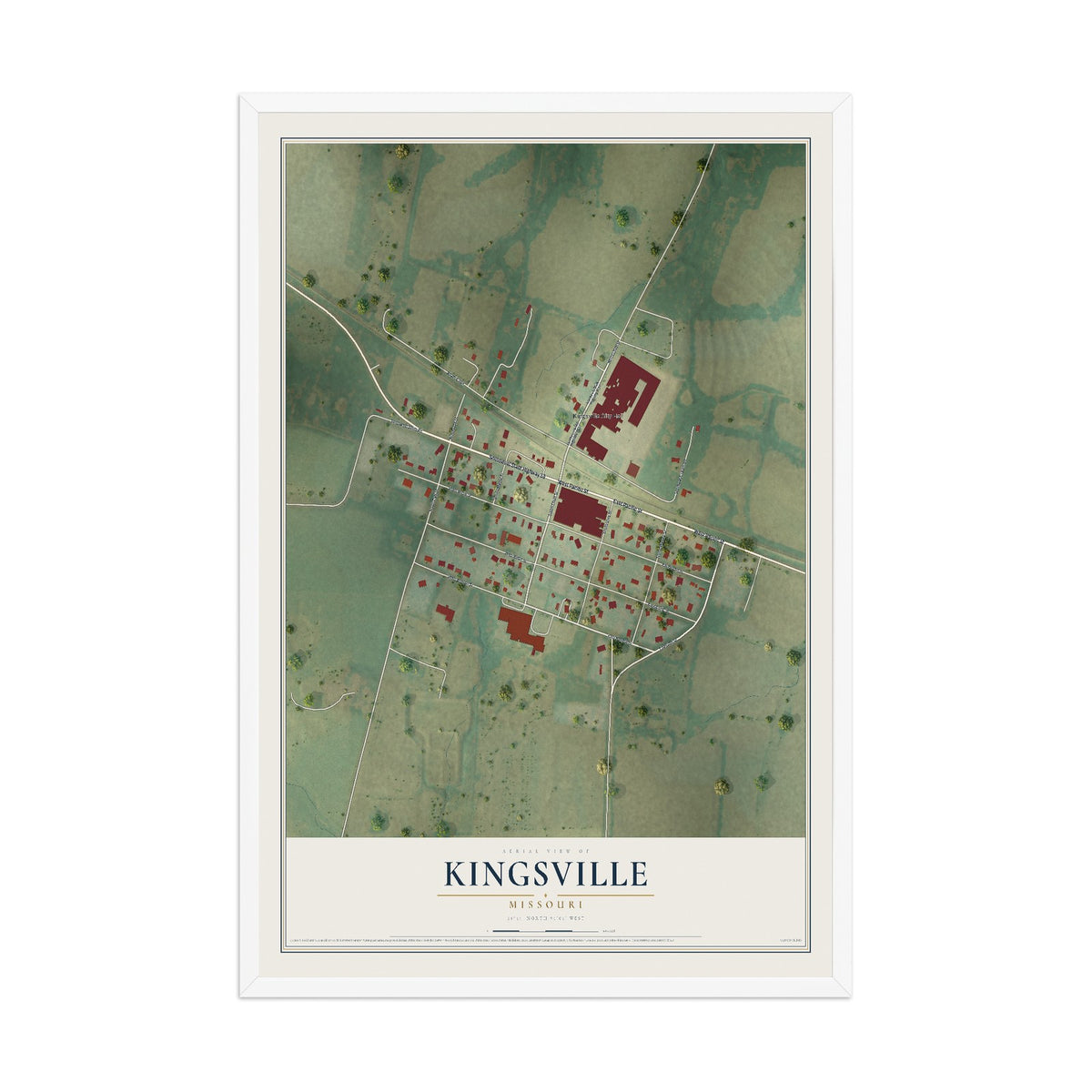 Map of Kingsville, Missouri, 12 x 18 inch print in a white wood frame
