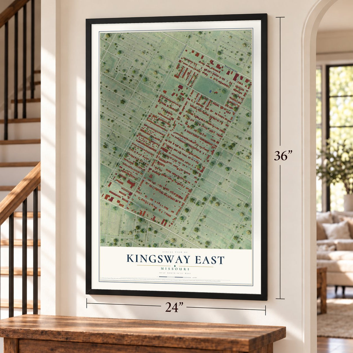 Kingsway East, Missouri map, 24 x 36 inch print in a black frame by a staircase