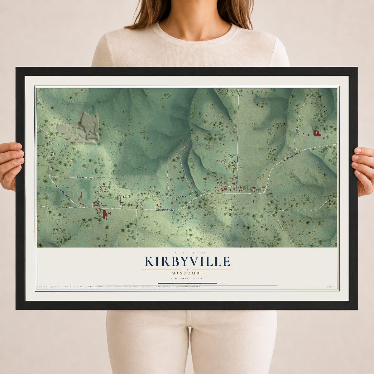 Map of Kirbyville, Missouri, 18 x 24 inch print in a black wood frame