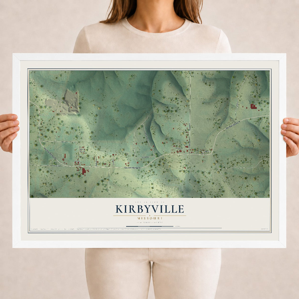 Map of Kirbyville, Missouri, 18 x 24 inch print in a white wood frame