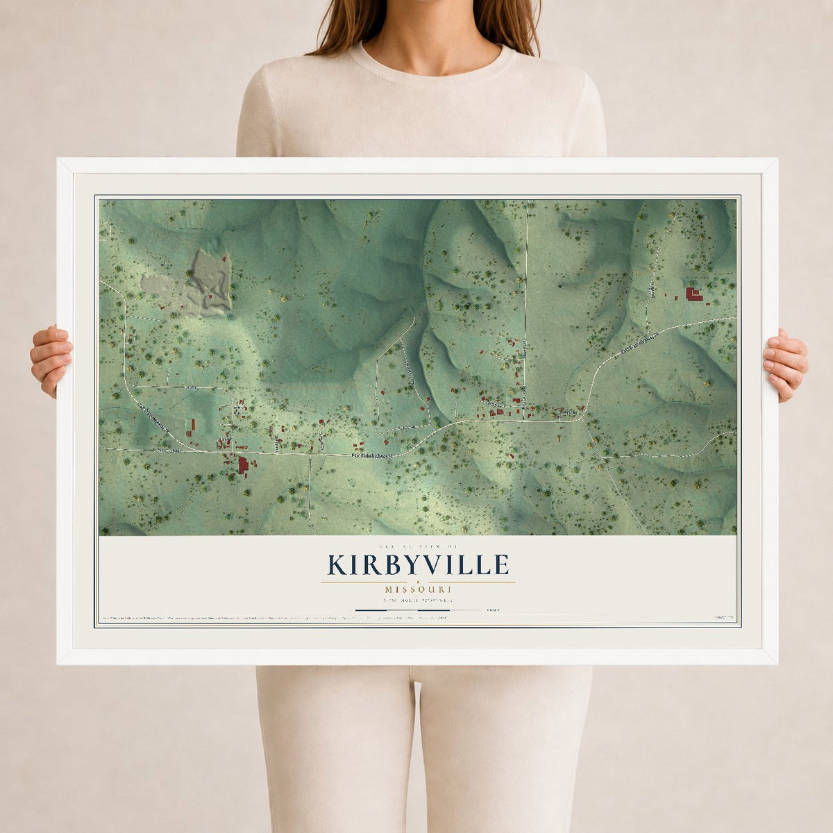 Map of Kirbyville, Missouri, 24 x 36 inch print in a white wood frame