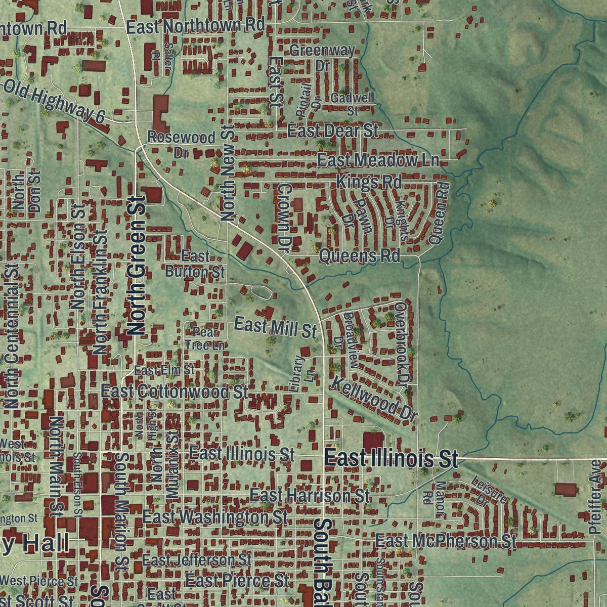 Close-up of the map of Kirksville, Missouri print showing street and building detail