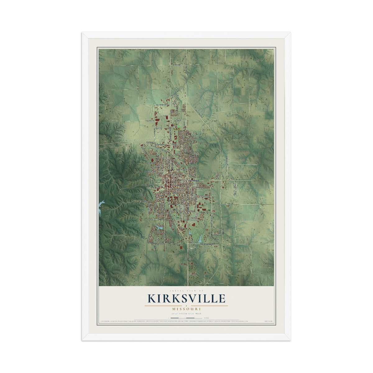 Map of Kirksville, Missouri, 12 x 18 inch print in a white wood frame