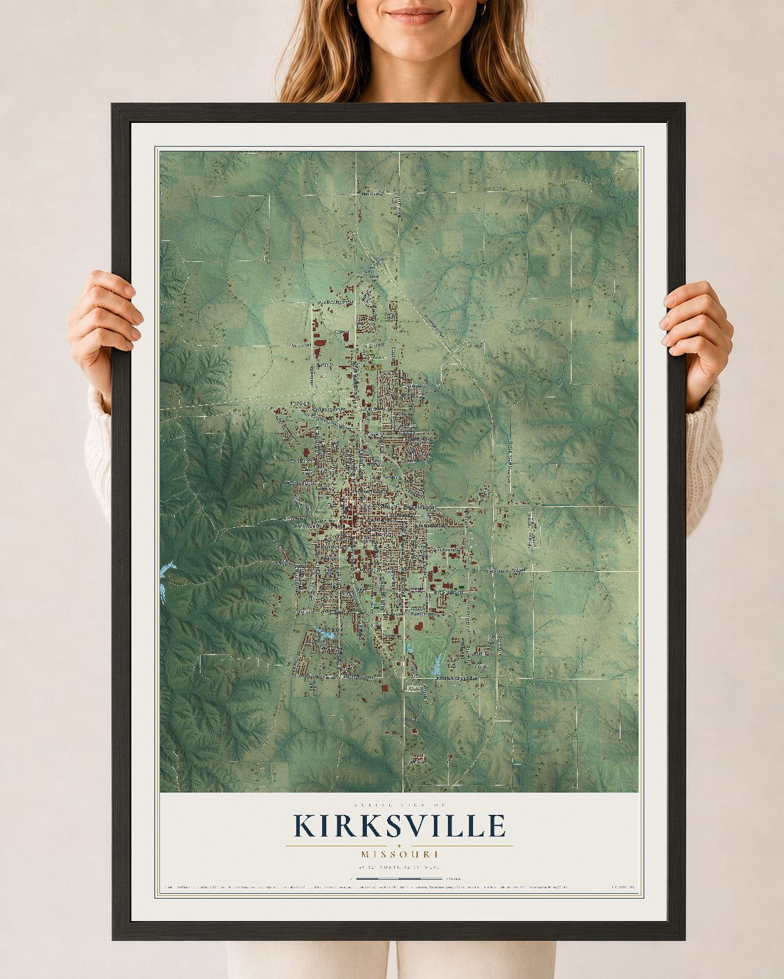 Map of Kirksville, Missouri, 24 x 36 inch print in a black wood frame