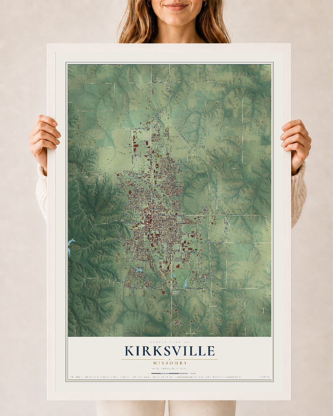 Map of Kirksville, Missouri, 24 x 36 inch print in a white wood frame