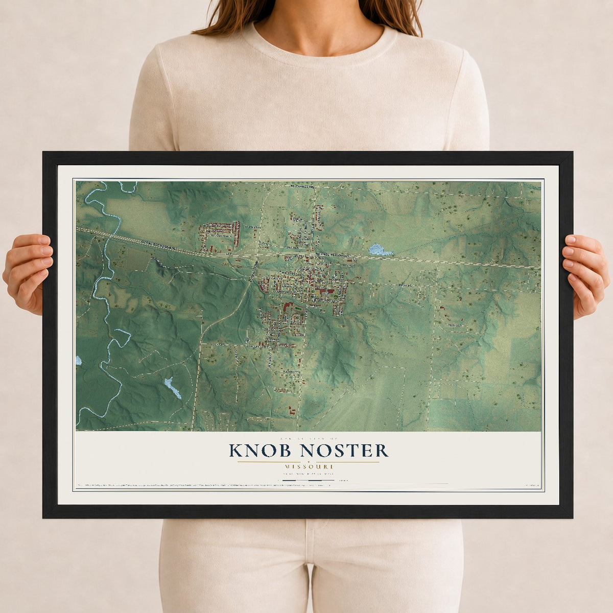 Map of Knob Noster, Missouri, 12 x 18 inch print in a black wood frame