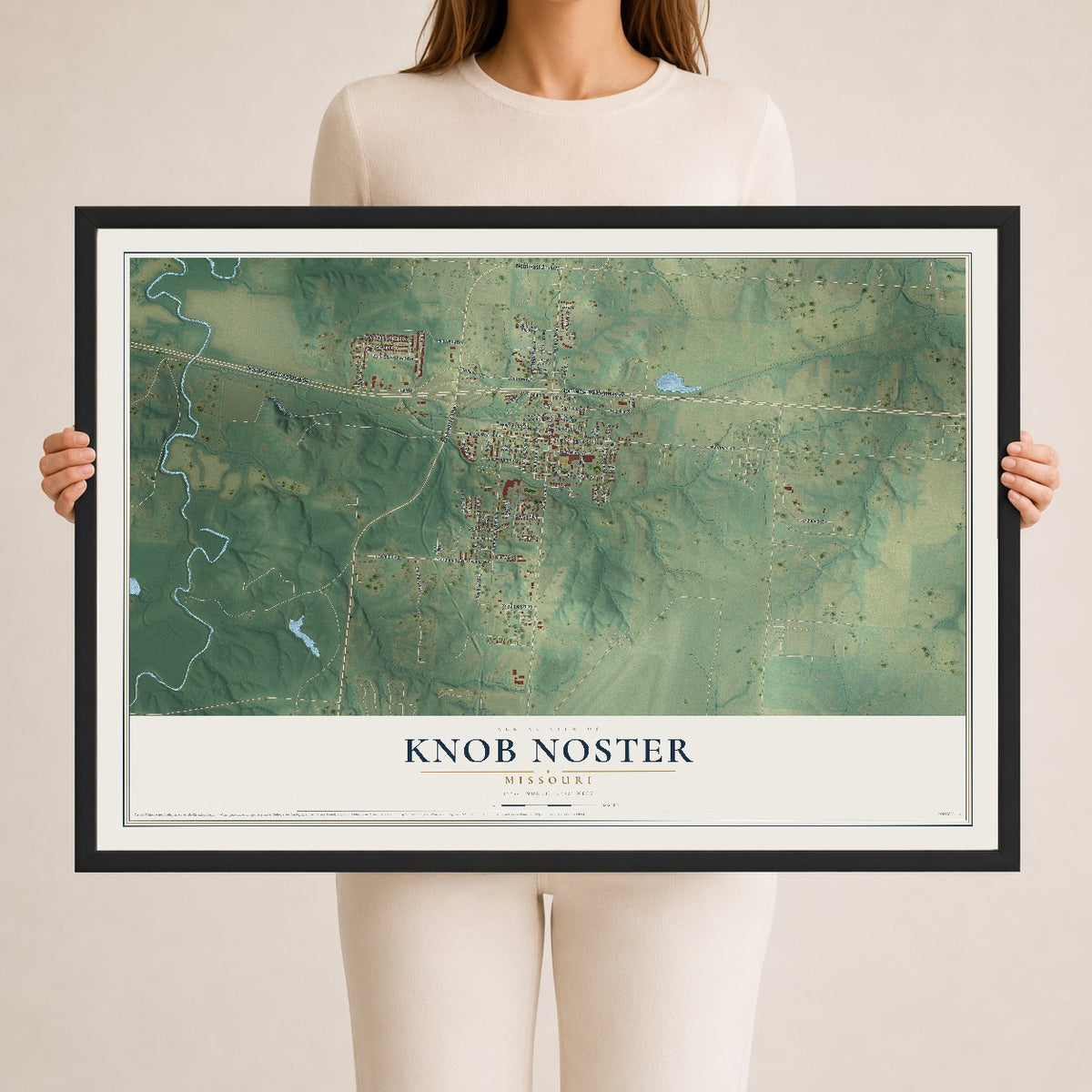 Map of Knob Noster, Missouri, 24 x 36 inch print in a black wood frame