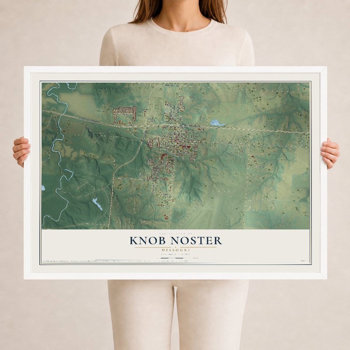 Map of Knob Noster, Missouri, 24 x 36 inch print in a white wood frame