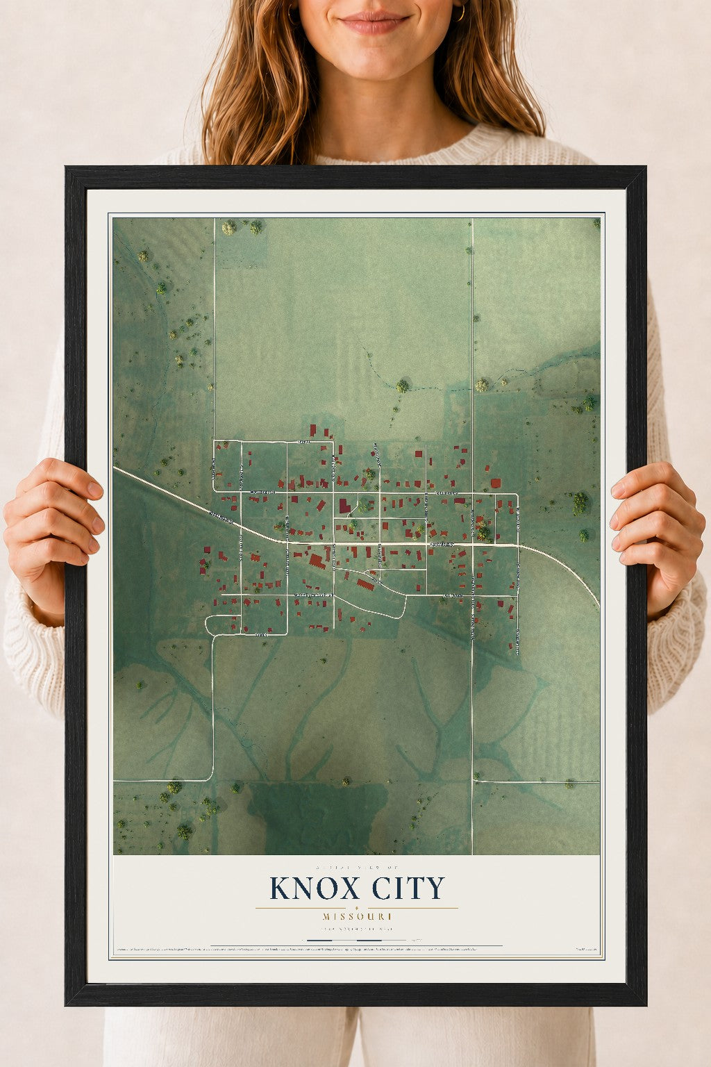 Map of Knox City, Missouri, 18 x 24 inch print in a black wood frame