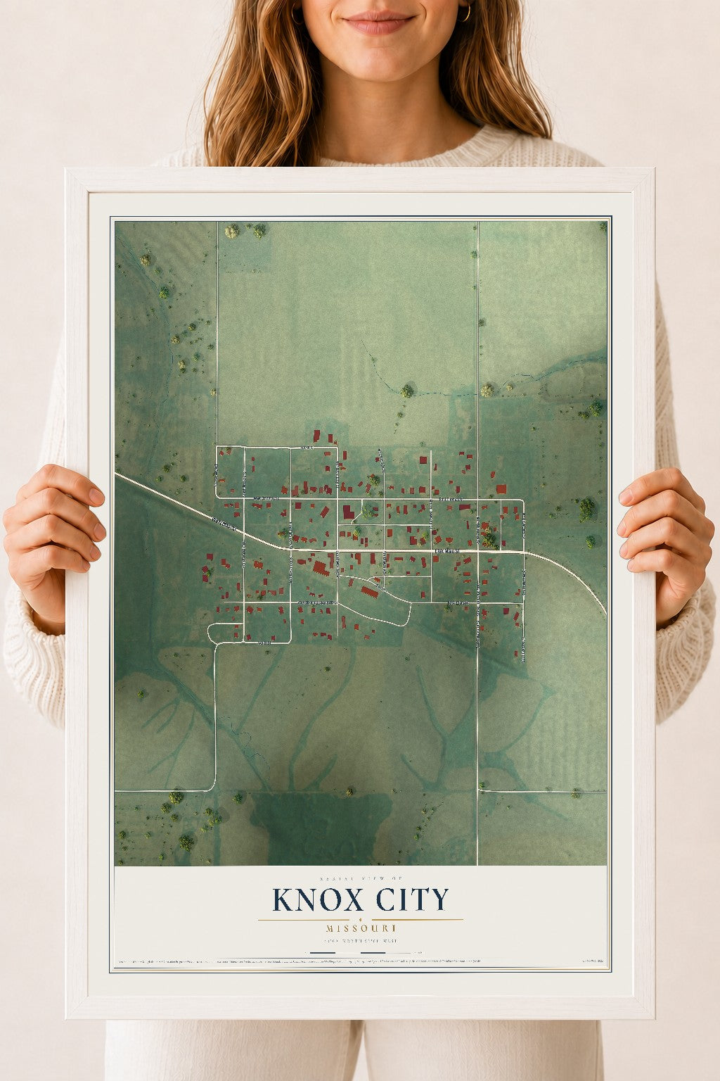 Map of Knox City, Missouri, 18 x 24 inch print in a white wood frame