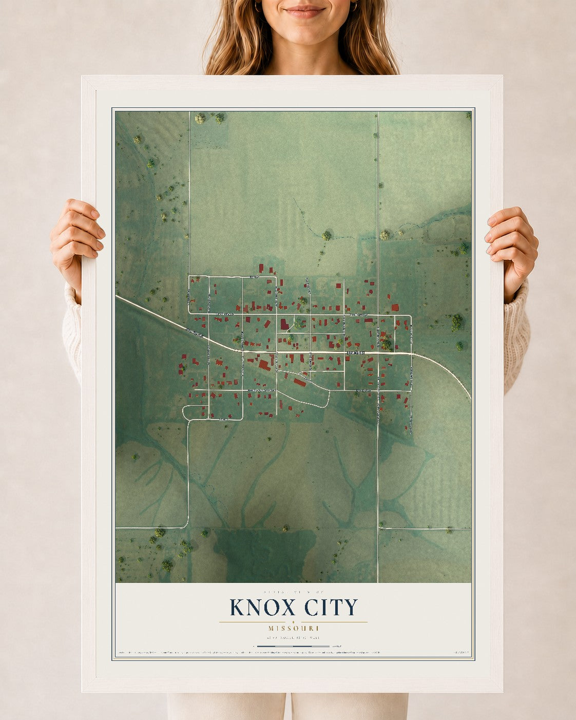 Map of Knox City, Missouri, 24 x 36 inch print in a white wood frame