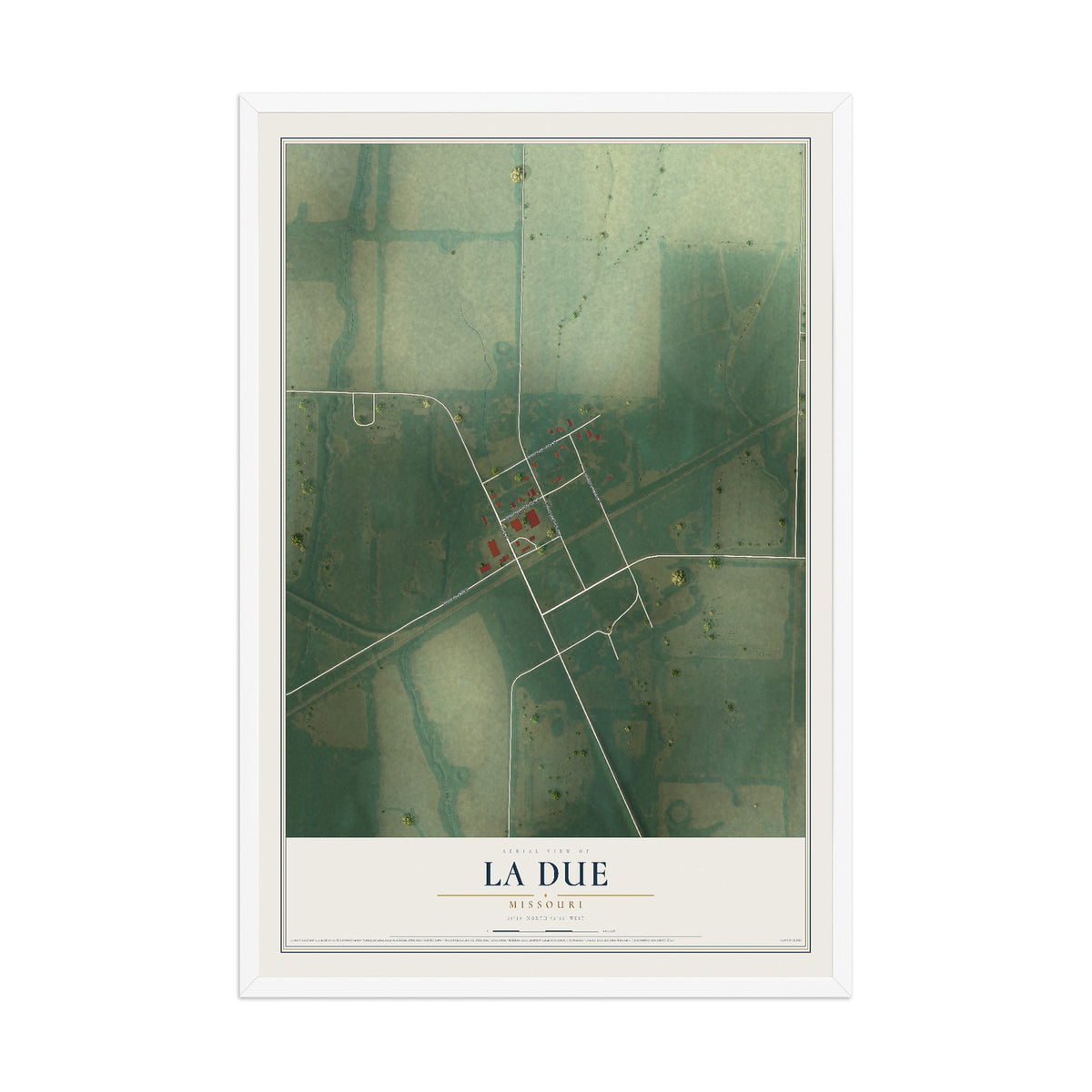Map of La Due, Missouri, 12 x 18 inch print in a white wood frame