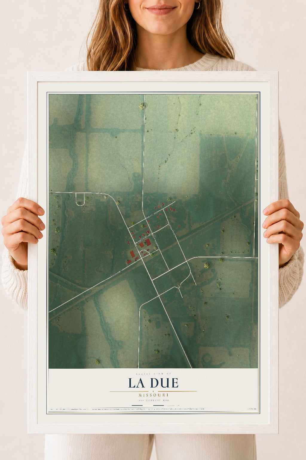 Map of La Due, Missouri, 18 x 24 inch print in a white wood frame