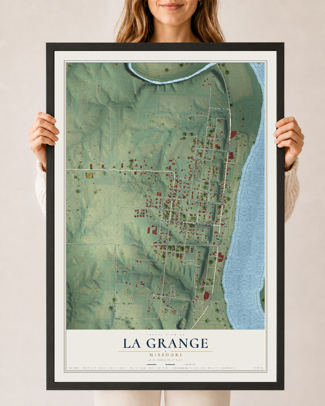 Map of La Grange, Missouri, 24 x 36 inch print in a black wood frame
