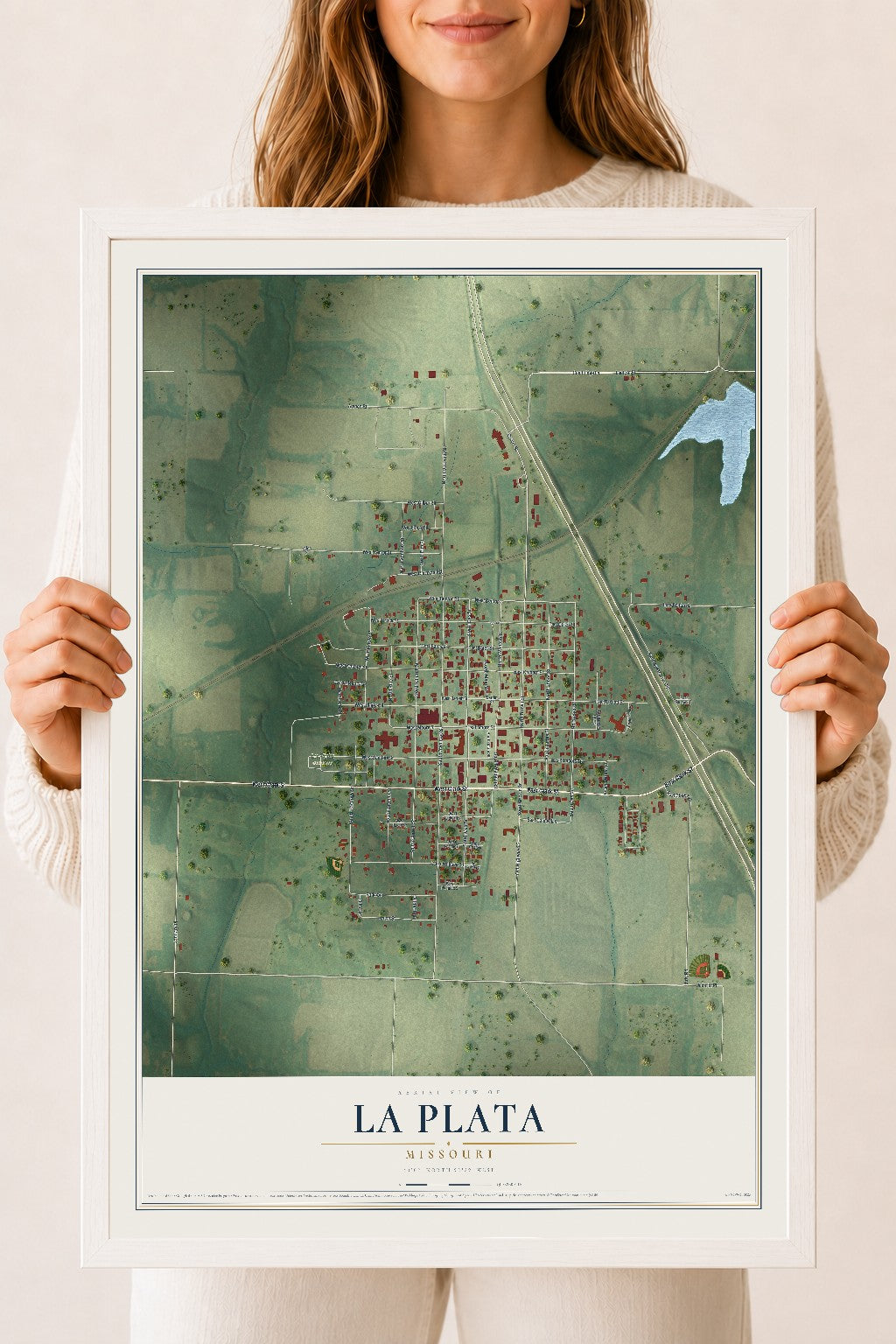 Map of La Plata, Missouri, 18 x 24 inch print in a white wood frame