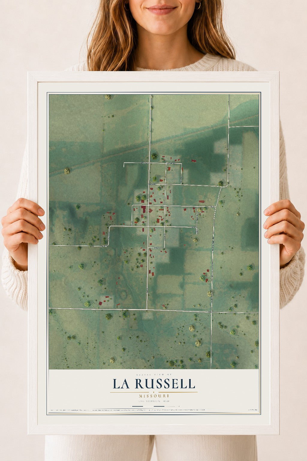 Map of La Russell, Missouri, 18 x 24 inch print in a white wood frame