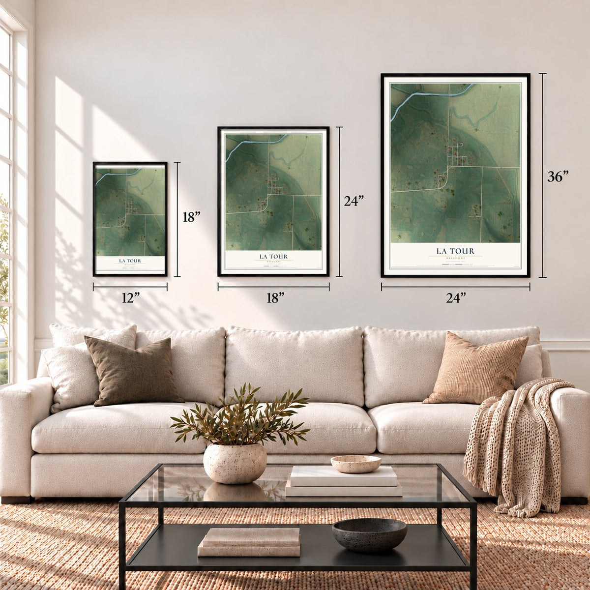 La Tour, Missouri map in 12 x 18, 18 x 24 and 24 x 36 inch sizes above a sofa