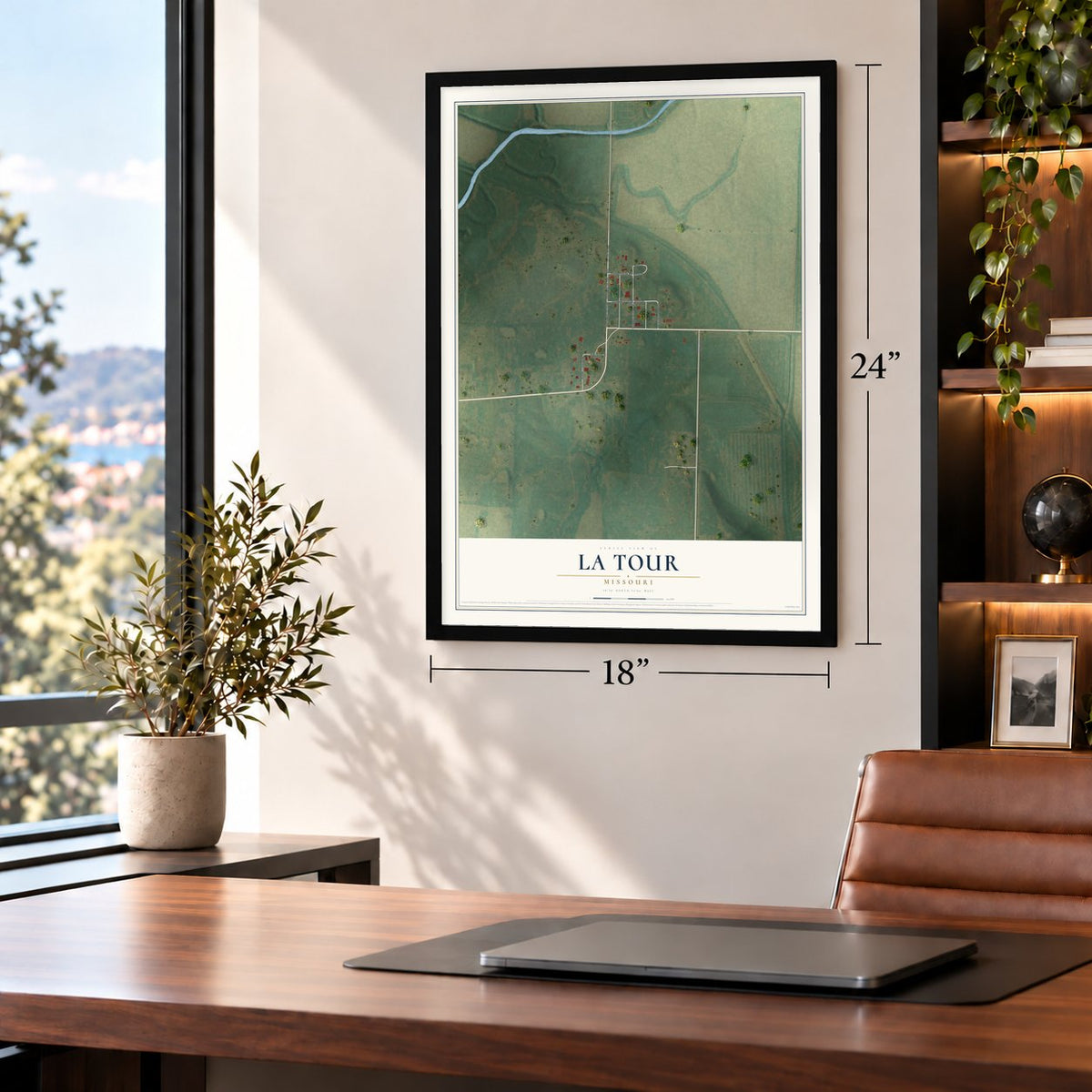 La Tour, Missouri map, 18 x 24 inch print in a black frame in a home office