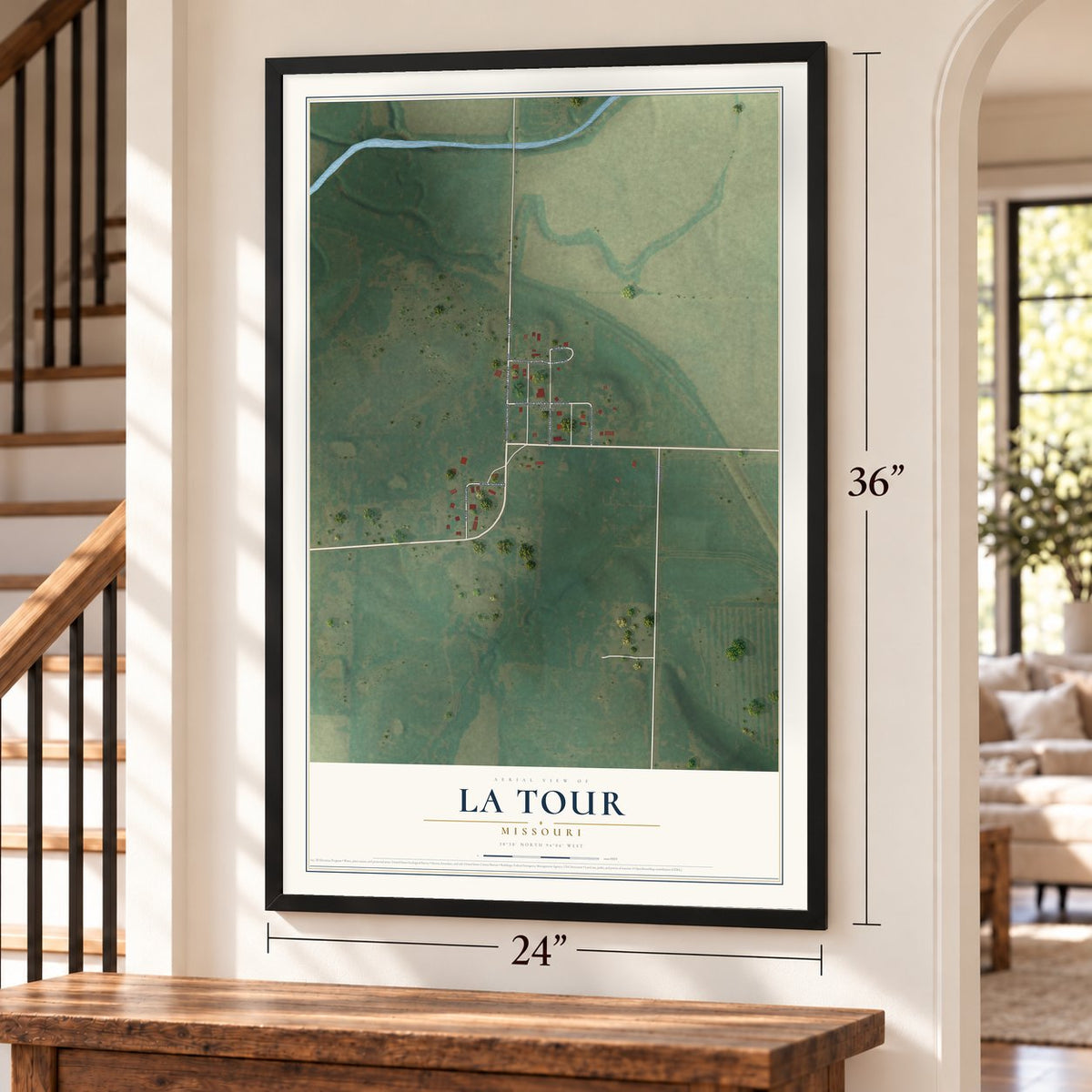 La Tour, Missouri map, 24 x 36 inch print in a black frame by a staircase