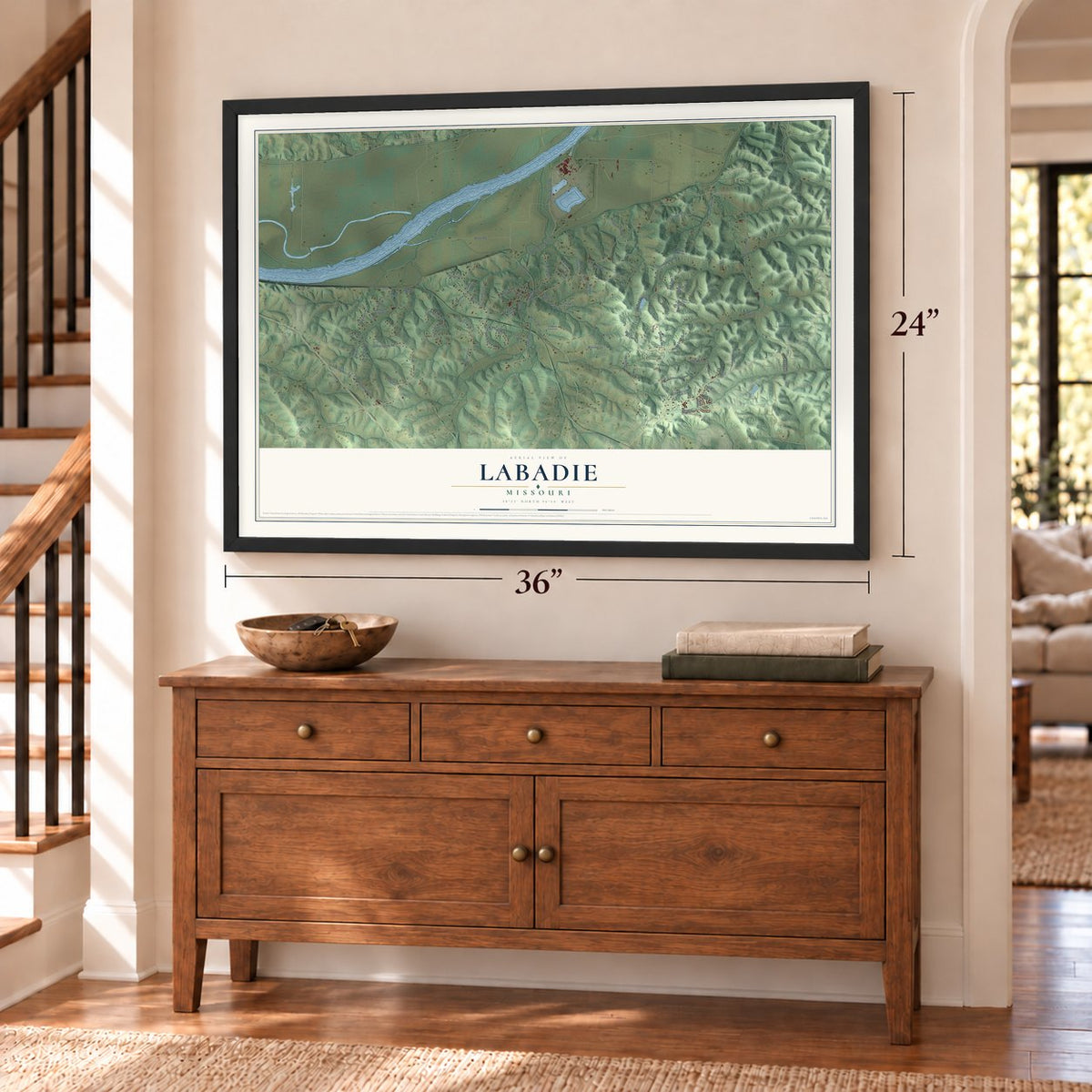 Labadie, Missouri map, 24 x 36 inch print in a black frame above a dresser by a staircase