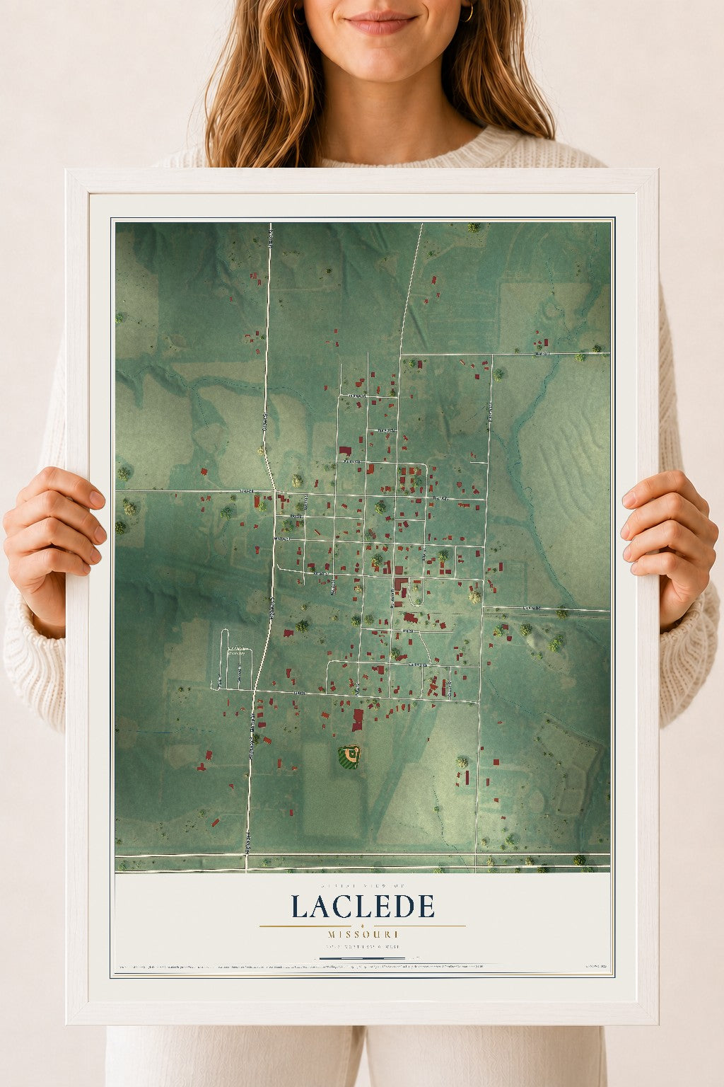 Map of Laclede, Missouri, 18 x 24 inch print in a white wood frame