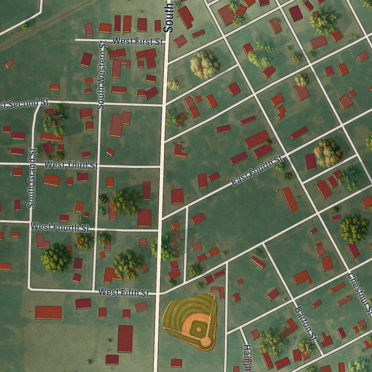 Close-up of the map of Laddonia, Missouri print showing street and building detail