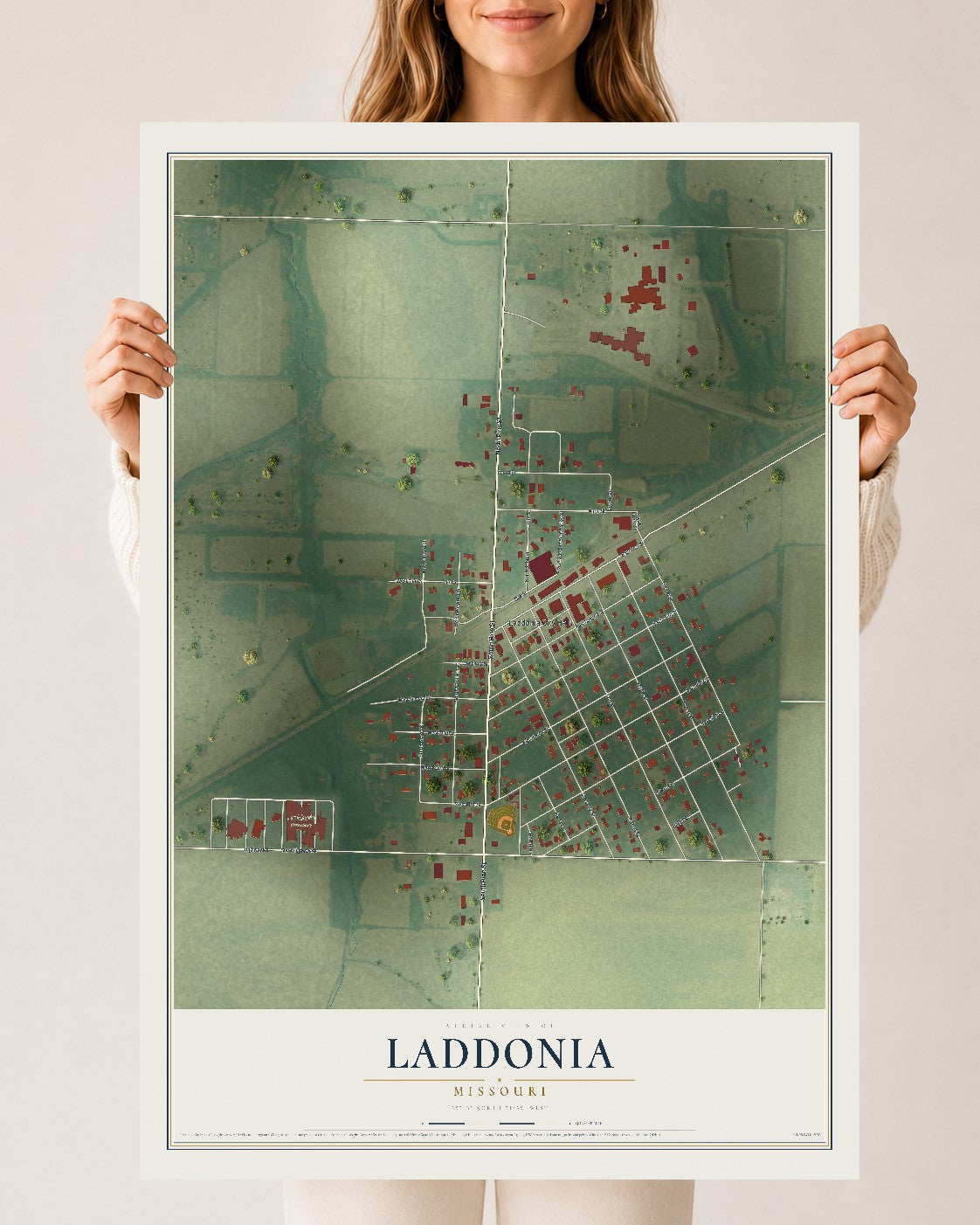 Map of Laddonia, Missouri, 24 x 36 inch unframed archival matte print
