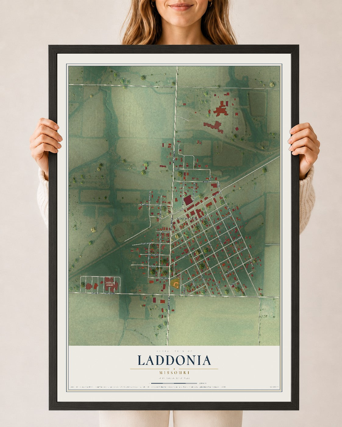 Map of Laddonia, Missouri, 24 x 36 inch print in a black wood frame
