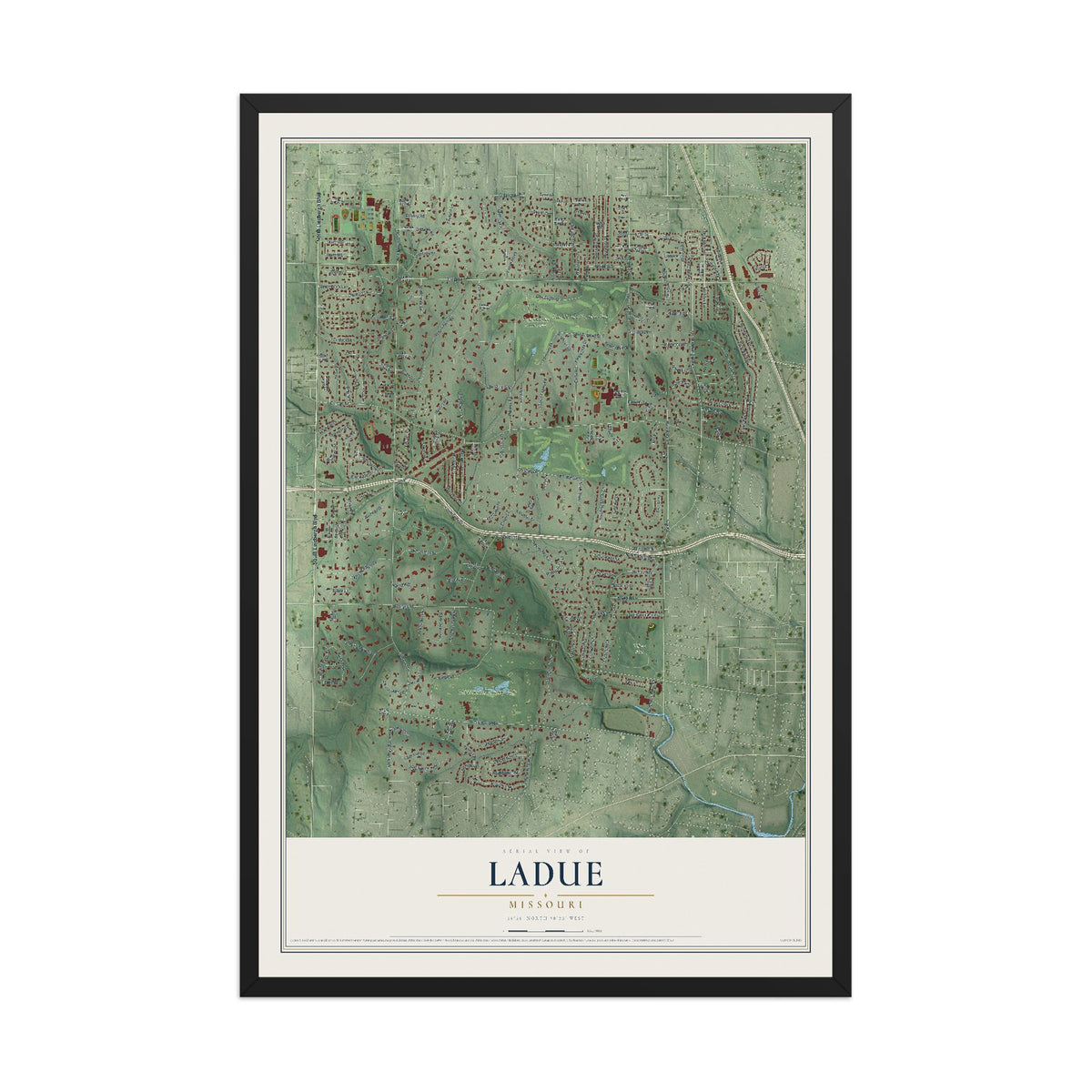 Map of Ladue, Missouri, 12 x 18 inch print in a black wood frame