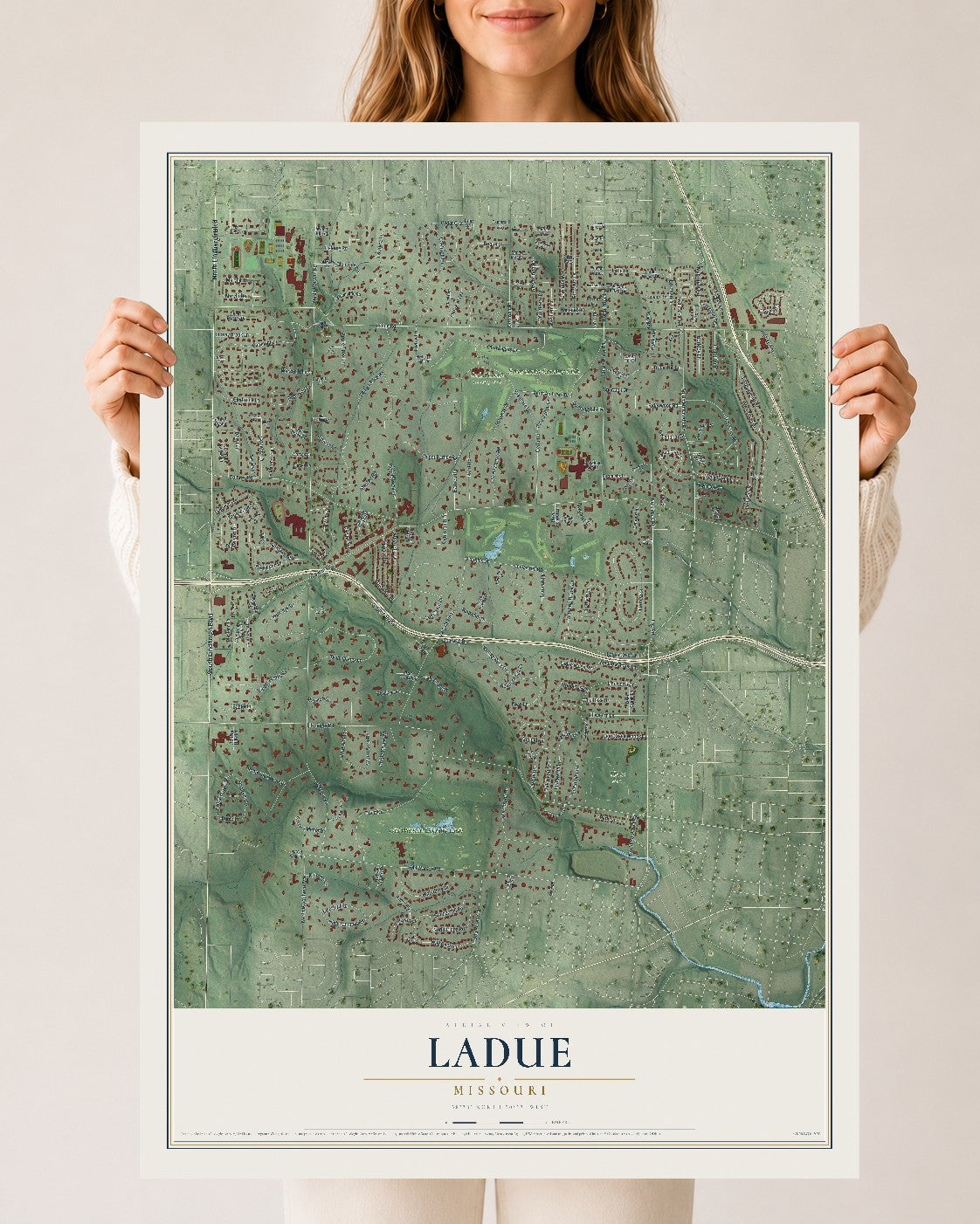 Map of Ladue, Missouri, 24 x 36 inch unframed archival matte print