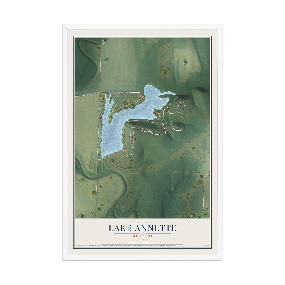Map of Lake Annette, Missouri, 12 x 18 inch print in a white wood frame