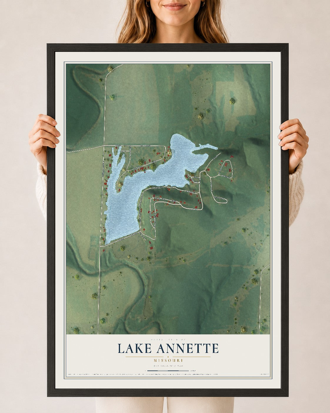 Map of Lake Annette, Missouri, 24 x 36 inch print in a black wood frame