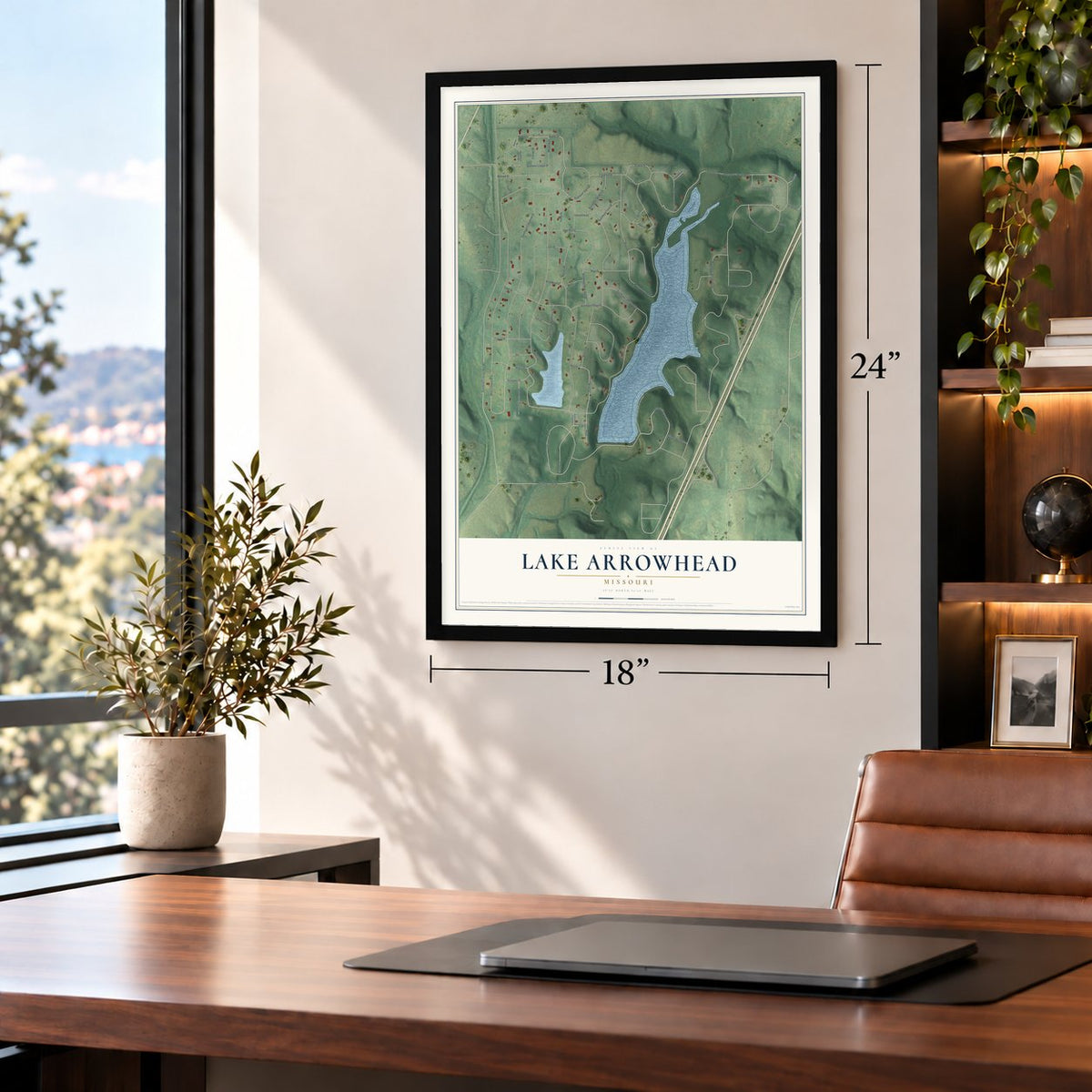 Lake Arrowhead, Missouri map, 18 x 24 inch print in a black frame in a home office