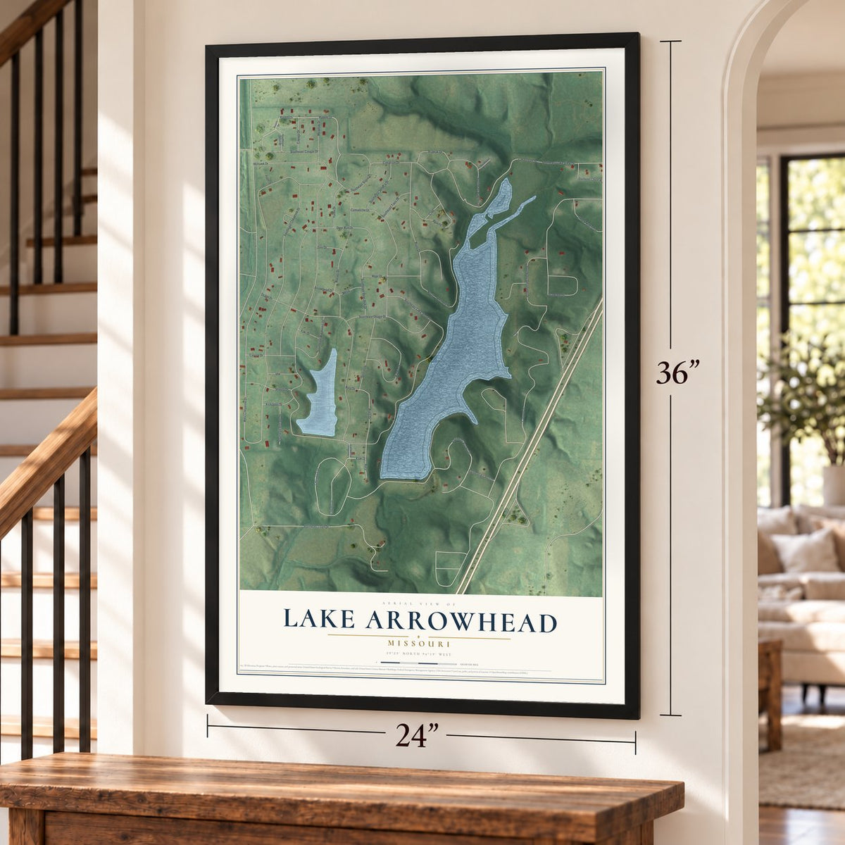 Lake Arrowhead, Missouri map, 24 x 36 inch print in a black frame by a staircase