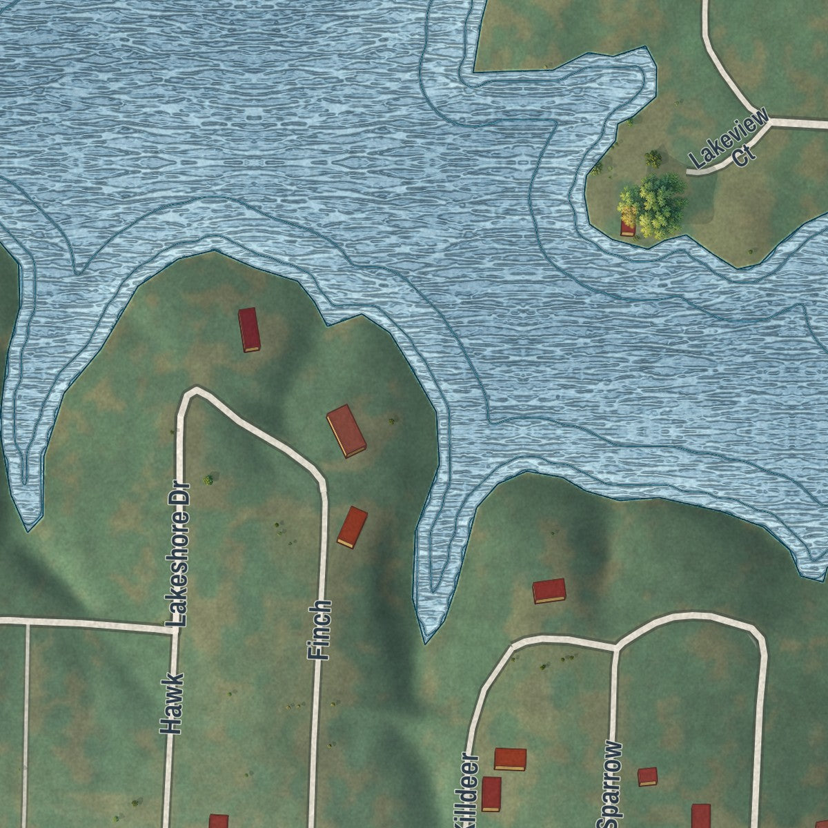 Close-up of the map of Lake Lafayette, Missouri print showing street and building detail