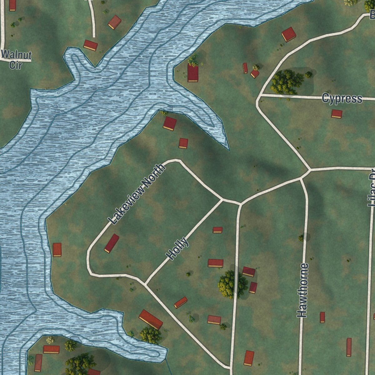 Second close-up of the map of Lake Lafayette, Missouri print showing more streets and buildings