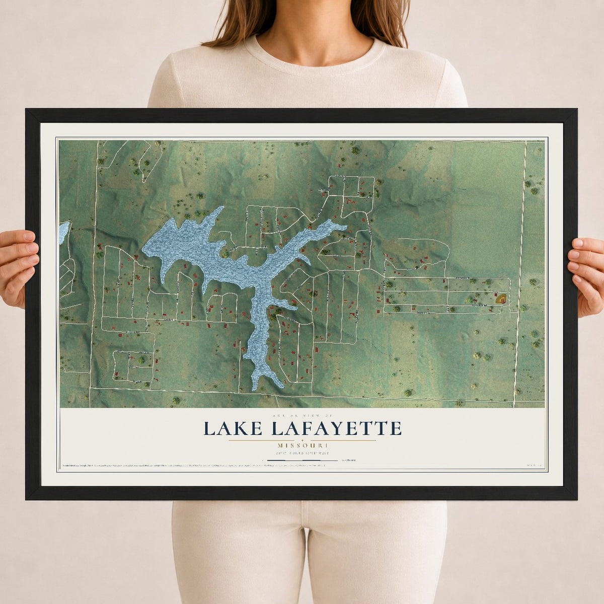 Map of Lake Lafayette, Missouri, 18 x 24 inch print in a black wood frame