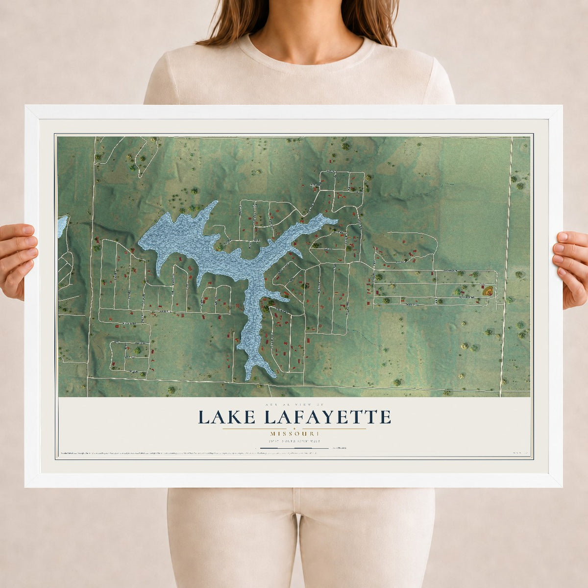 Map of Lake Lafayette, Missouri, 18 x 24 inch print in a white wood frame